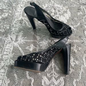 Stuart Weitzman black peep toe lace slingback heel